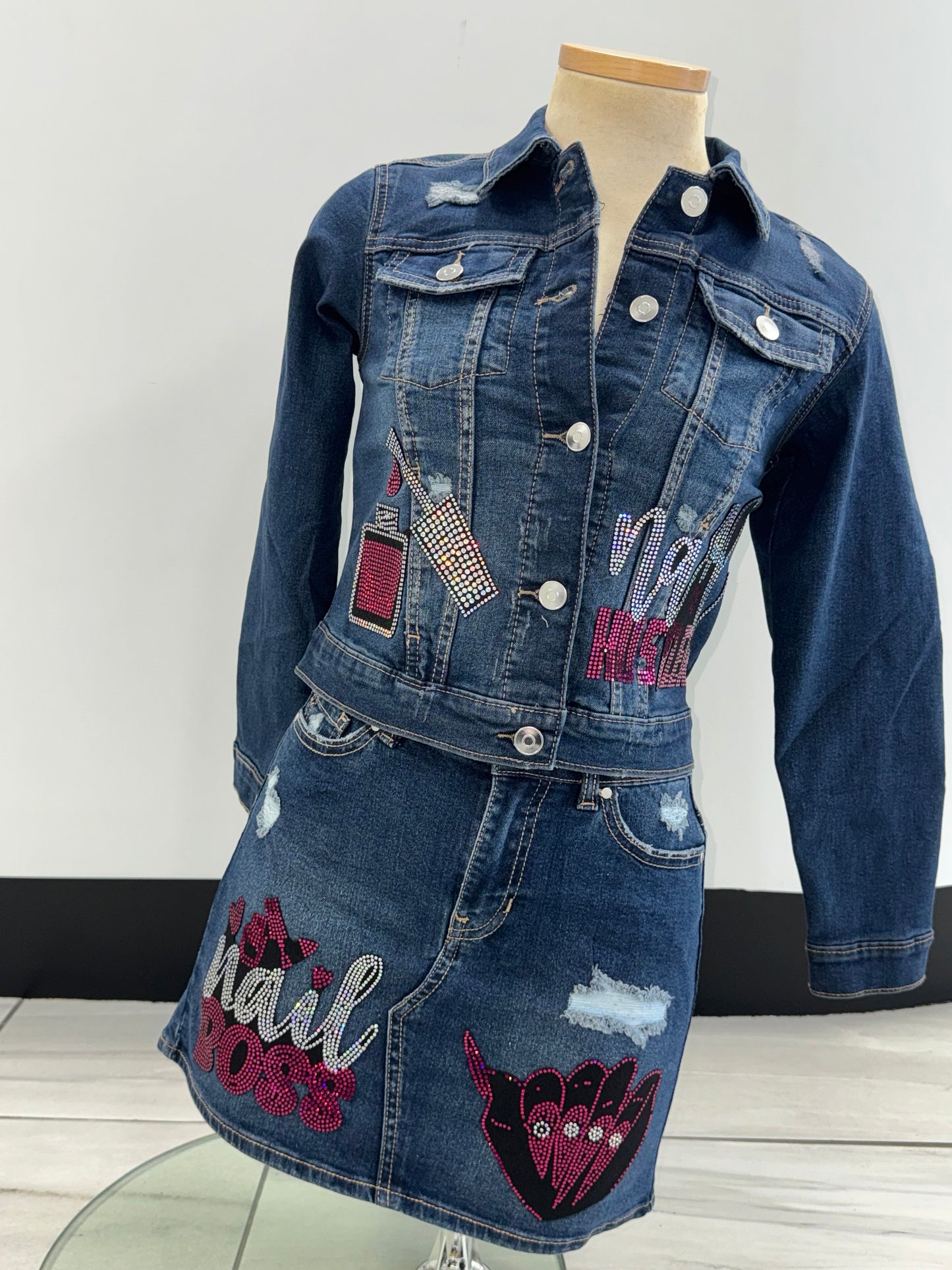 Kids Patch Denim Jean Jacket & Skirt Set